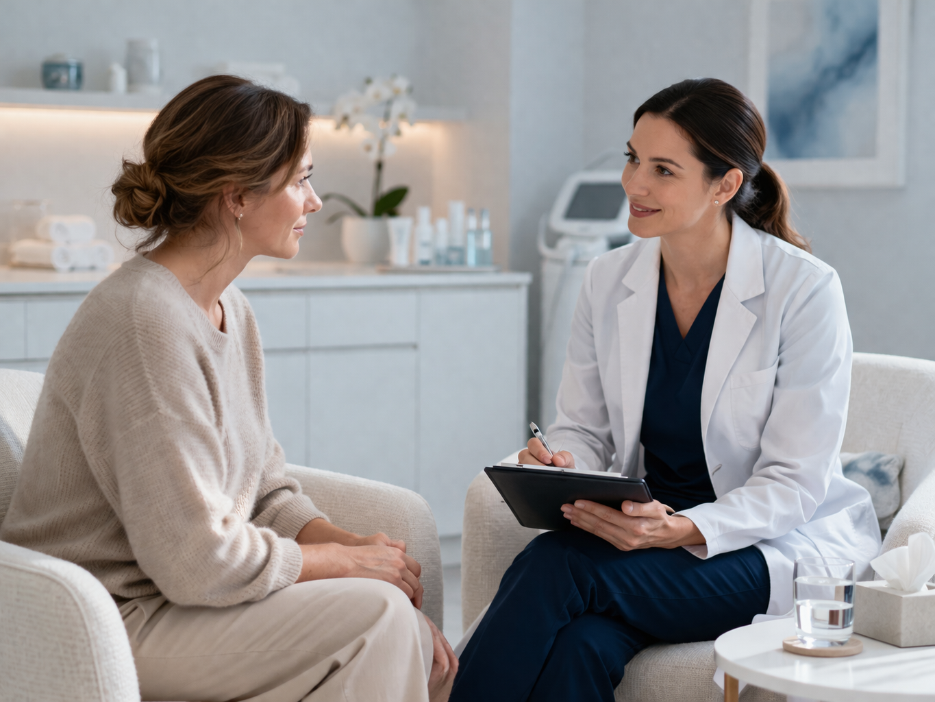 A welcoming treatment room with soft lighting and comfortable seating