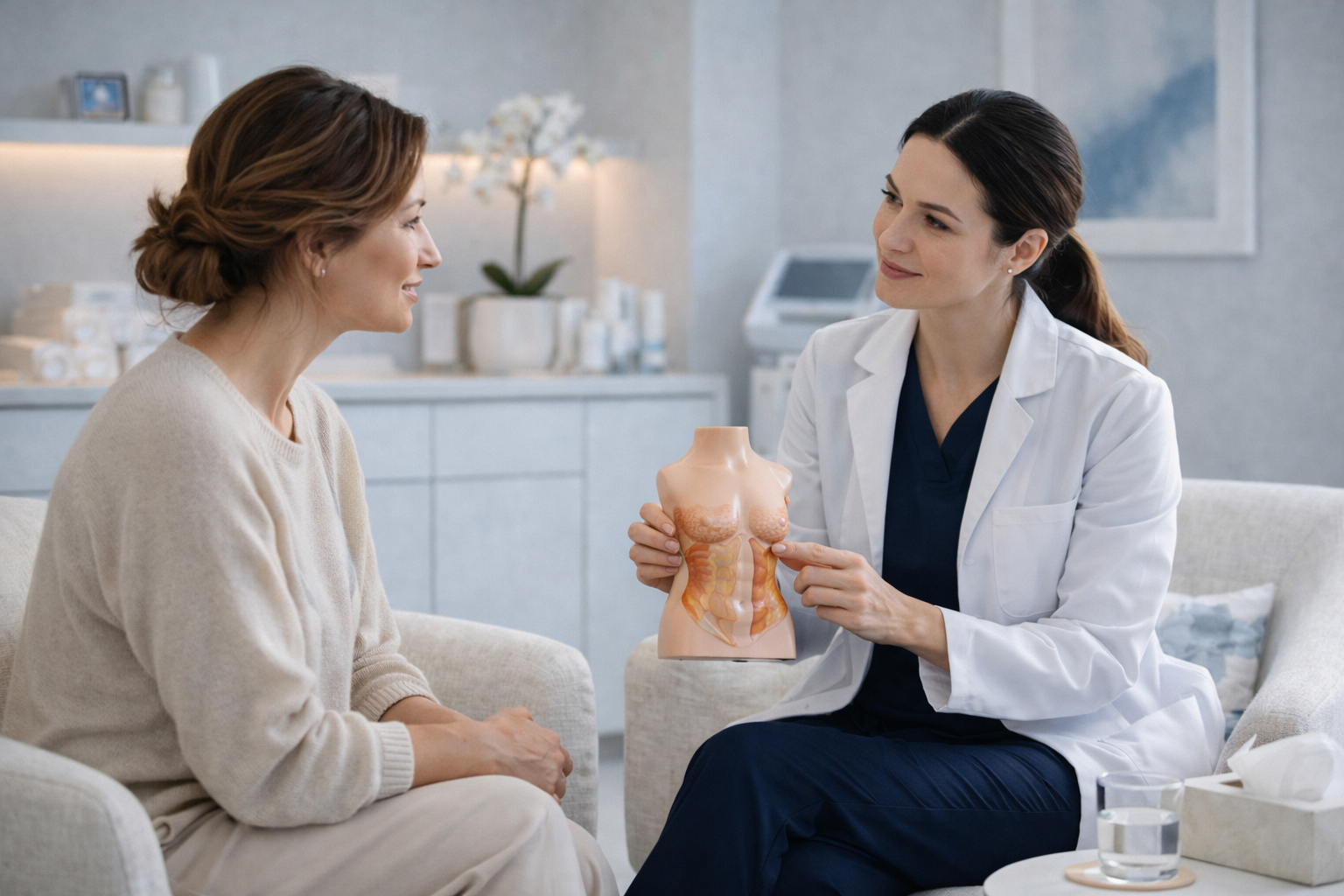 A calm and professional consultation setting, with a practitioner attentively listening to a patient