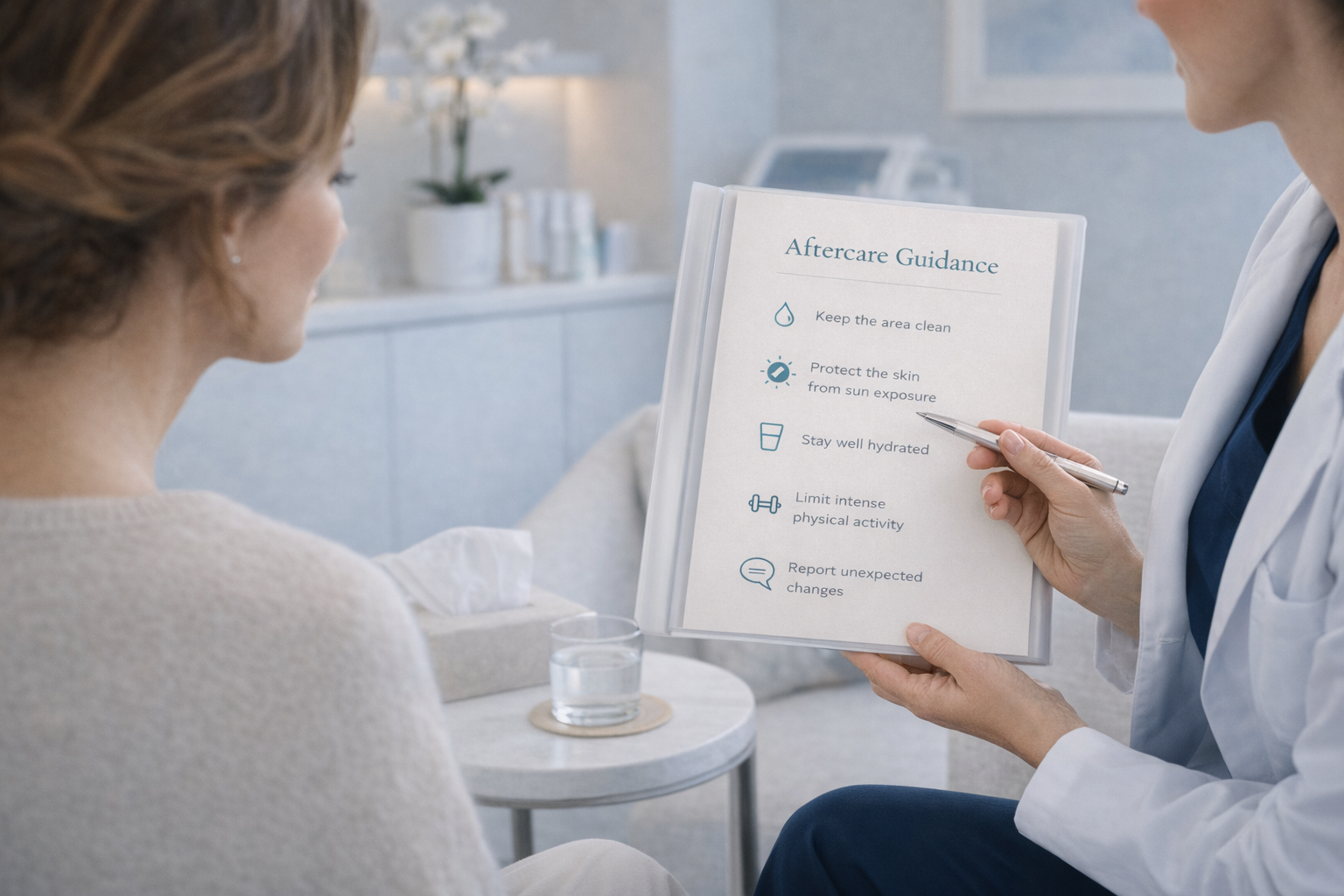 A patient receiving post-treatment guidance from a practitioner in a calm and supportive setting