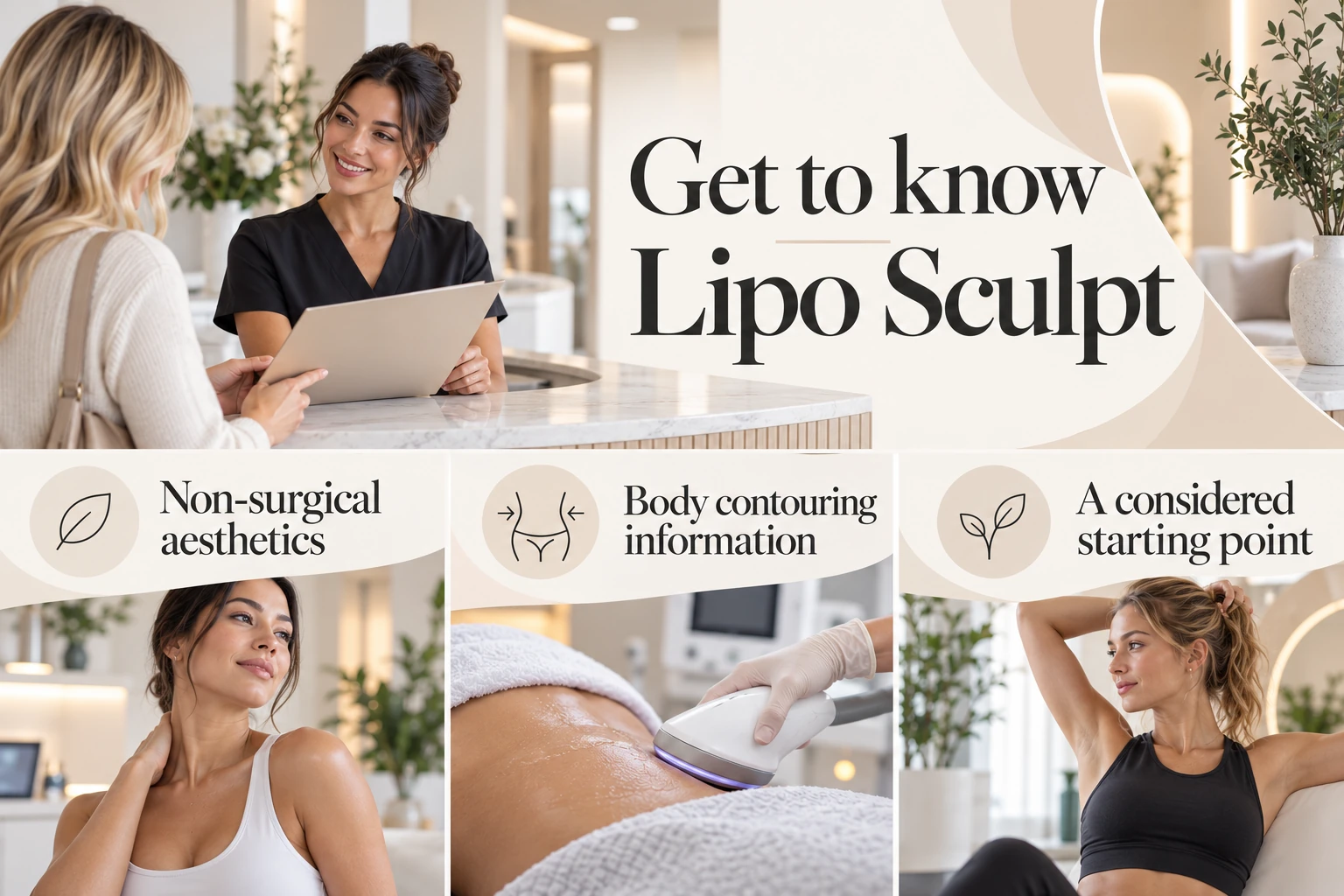 Get to know Lipo Sculpt. Non-surgical aesthetics. Body contouring information. A considered starting point. Illustrative photographic infographic.