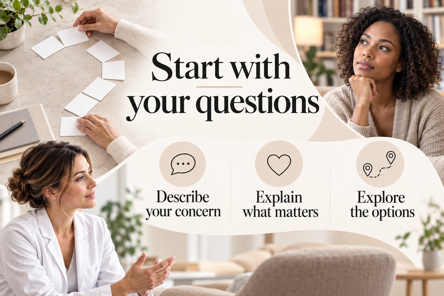 Start with your questions. Describe your concern. Explain what matters. Explore the options. Illustrative photographic infographic.