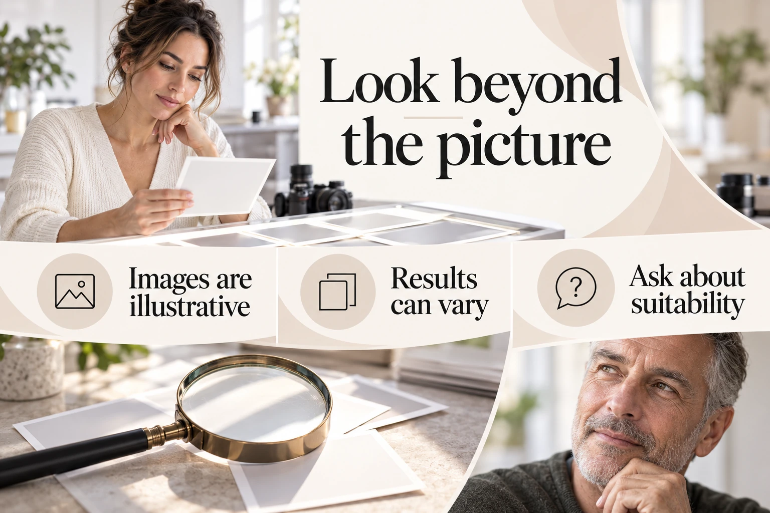 Look beyond the picture. Images are illustrative. Results can vary. Ask about suitability. Illustrative photographic infographic.