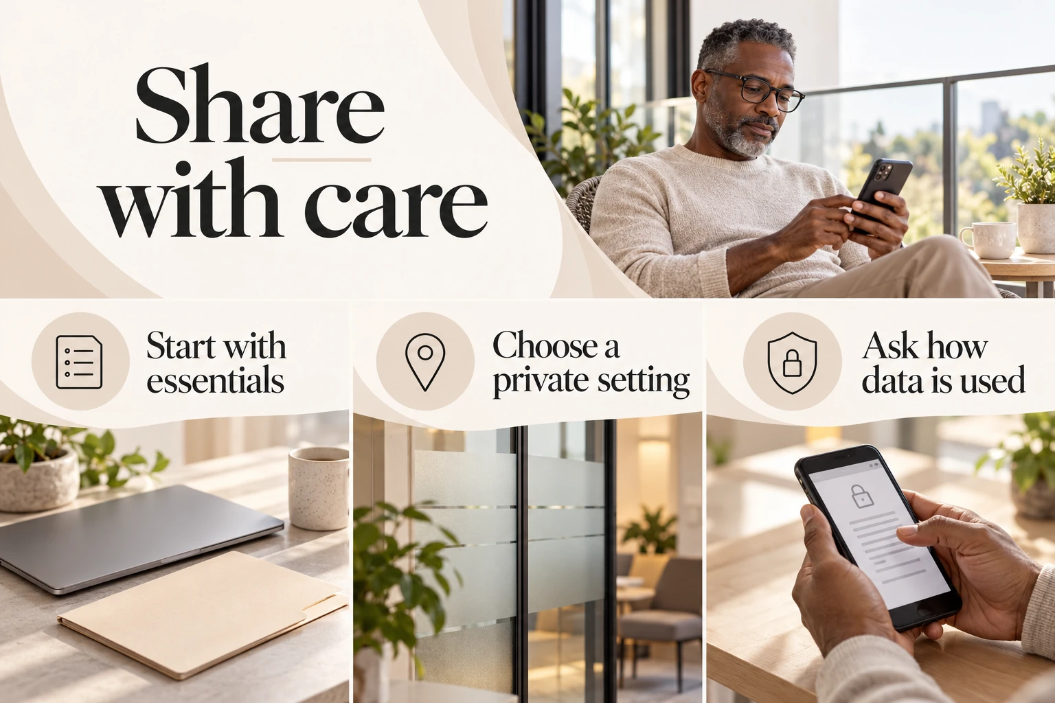 Share with care. Start with essentials. Choose a private setting. Ask how data is used. Illustrative photographic infographic.