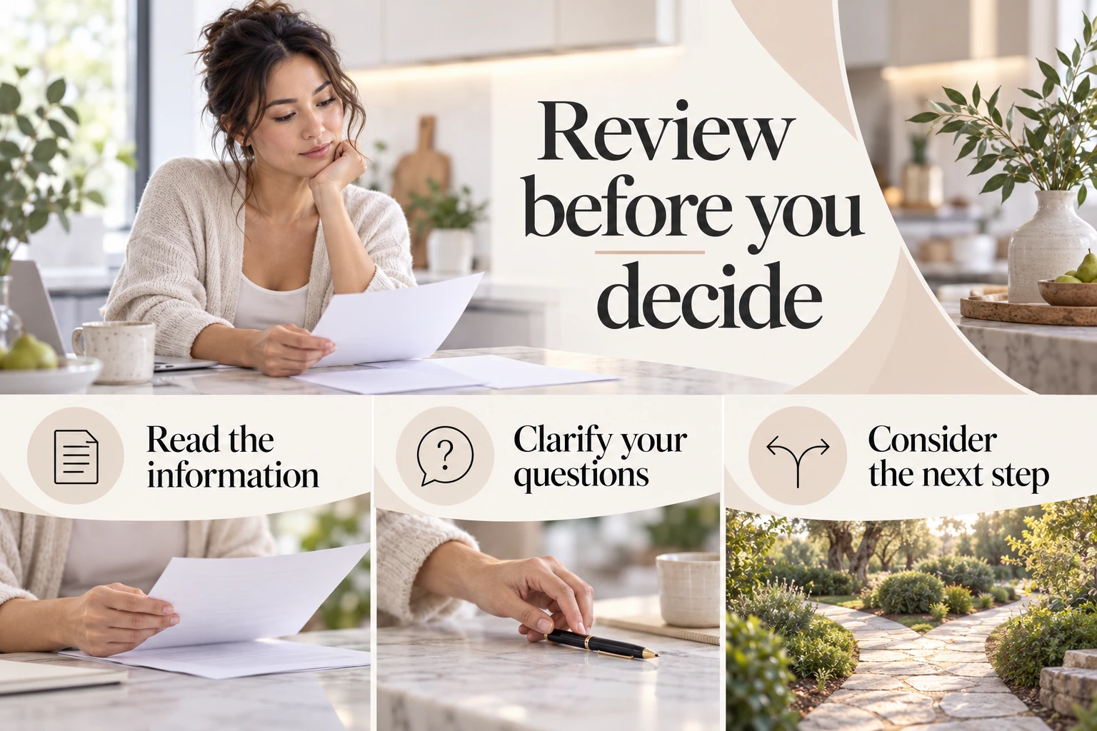 Review before you decide. Read the information. Clarify your questions. Consider the next step. Illustrative photographic infographic.