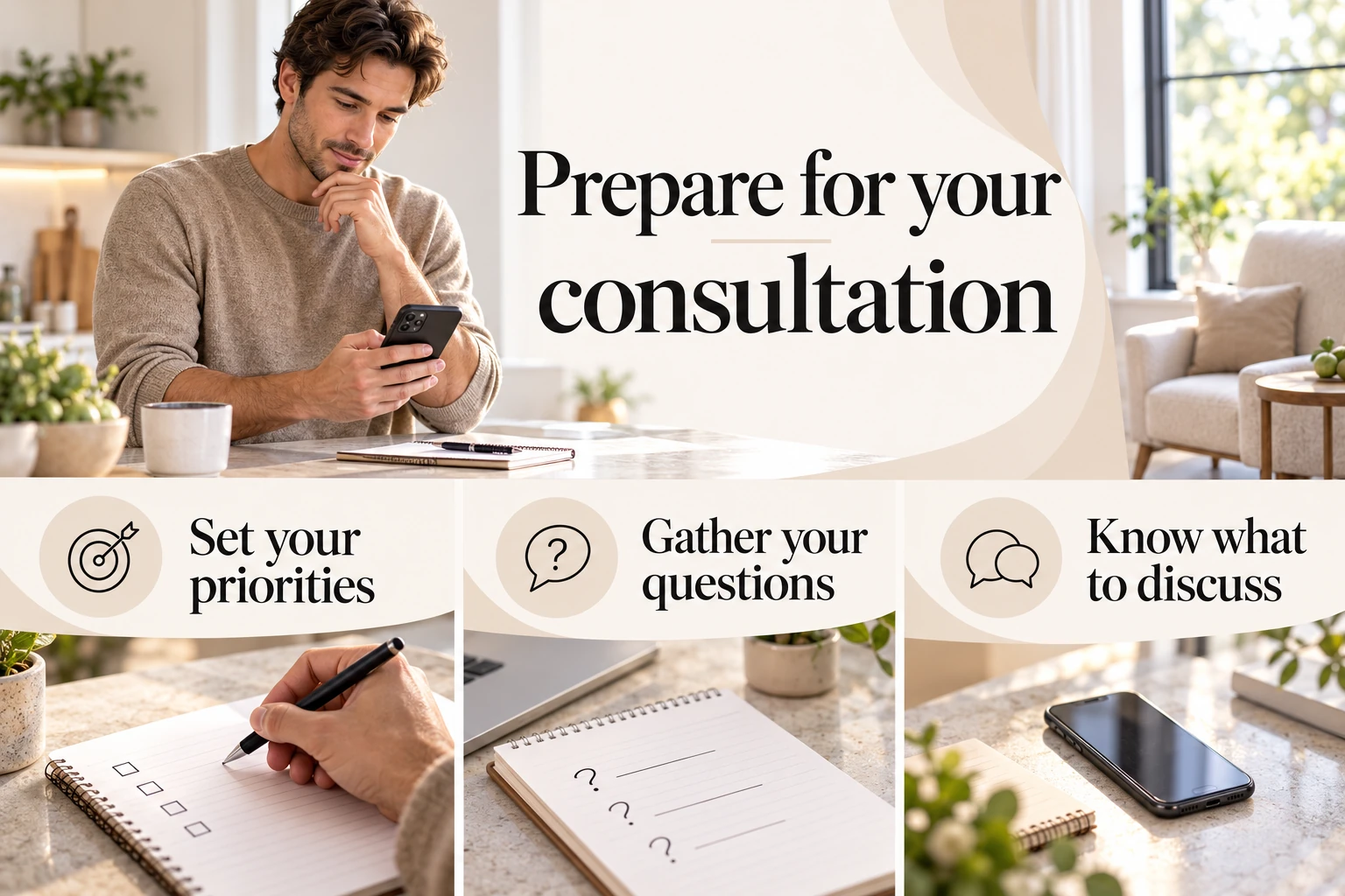 Prepare for your consultation. Set your priorities. Gather your questions. Know what to discuss. Illustrative photographic infographic.