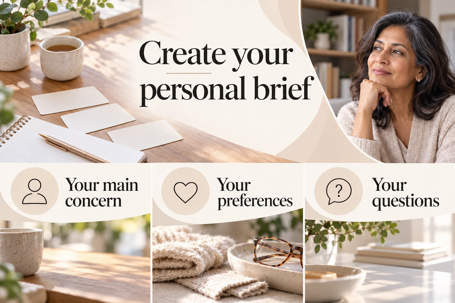Create your personal brief. Your main concern. Your preferences. Your questions. Illustrative photographic infographic.