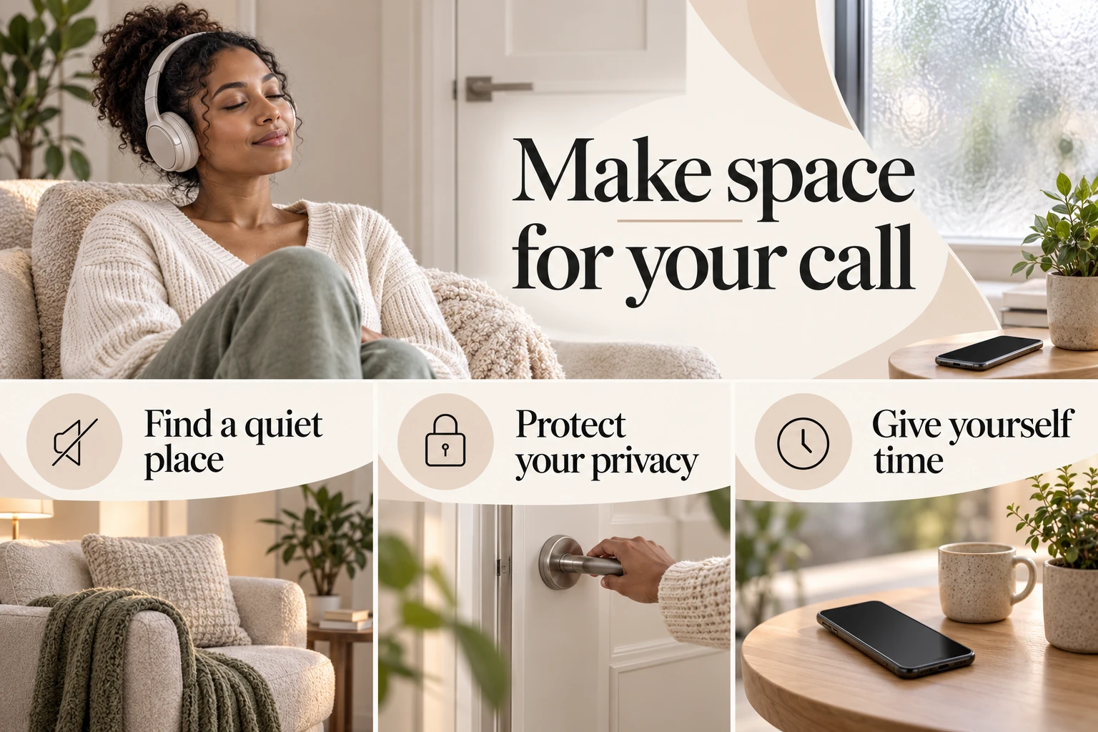 Make space for your call. Find a quiet place. Protect your privacy. Give yourself time. Illustrative photographic infographic.