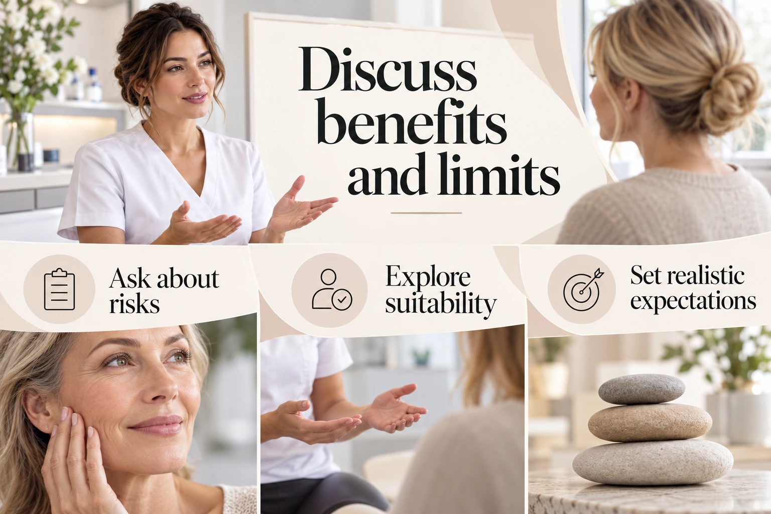 Discuss benefits and limits. Ask about risks. Explore suitability. Set realistic expectations. Illustrative photographic infographic.