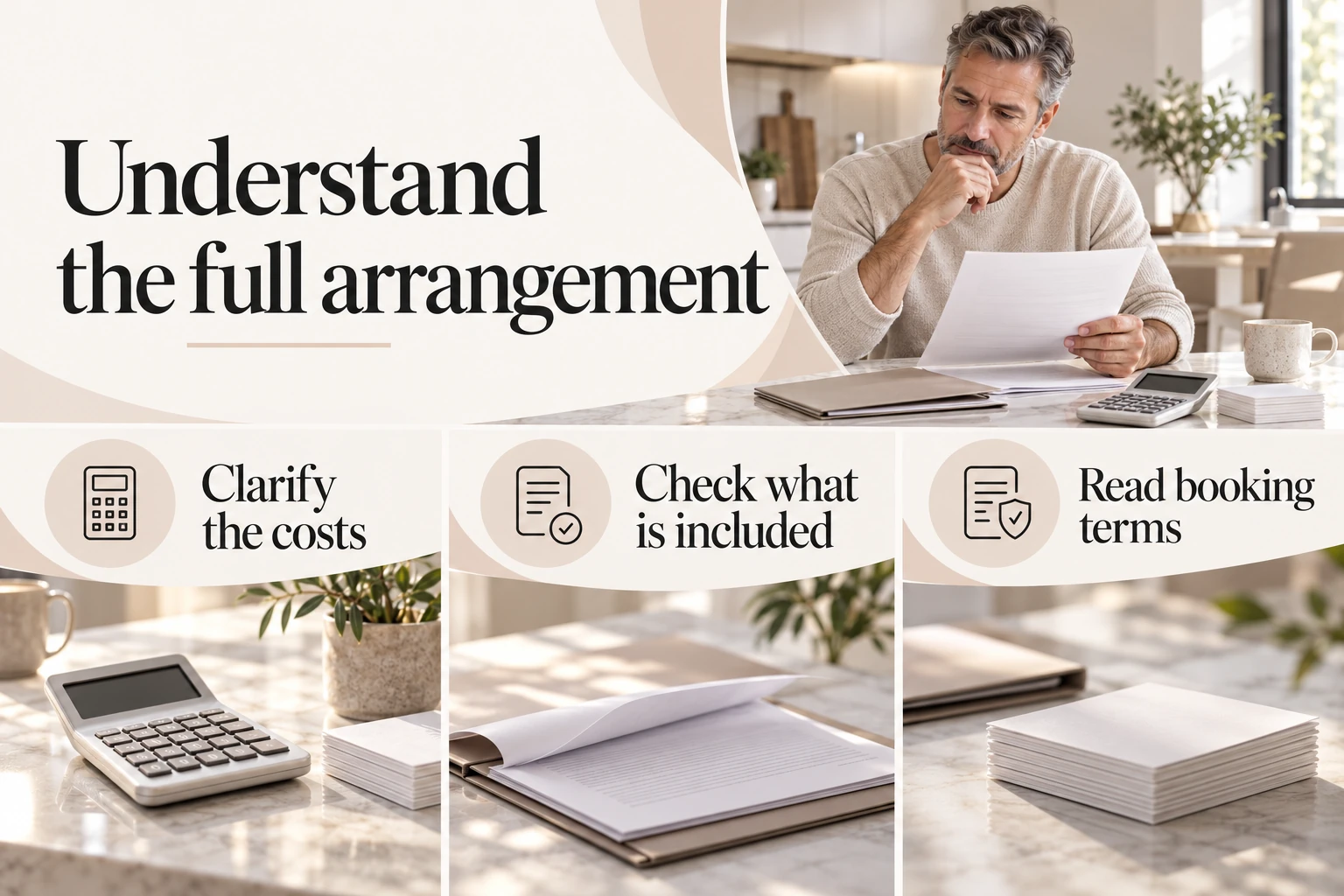 Understand the full arrangement. Clarify the costs. Check what is included. Read booking terms. Illustrative photographic infographic.