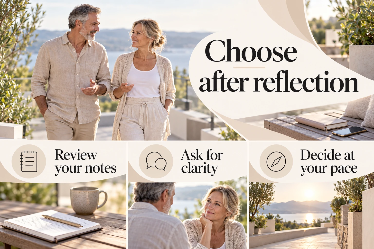 Choose after reflection. Review your notes. Ask for clarity. Decide at your pace. Illustrative photographic infographic.