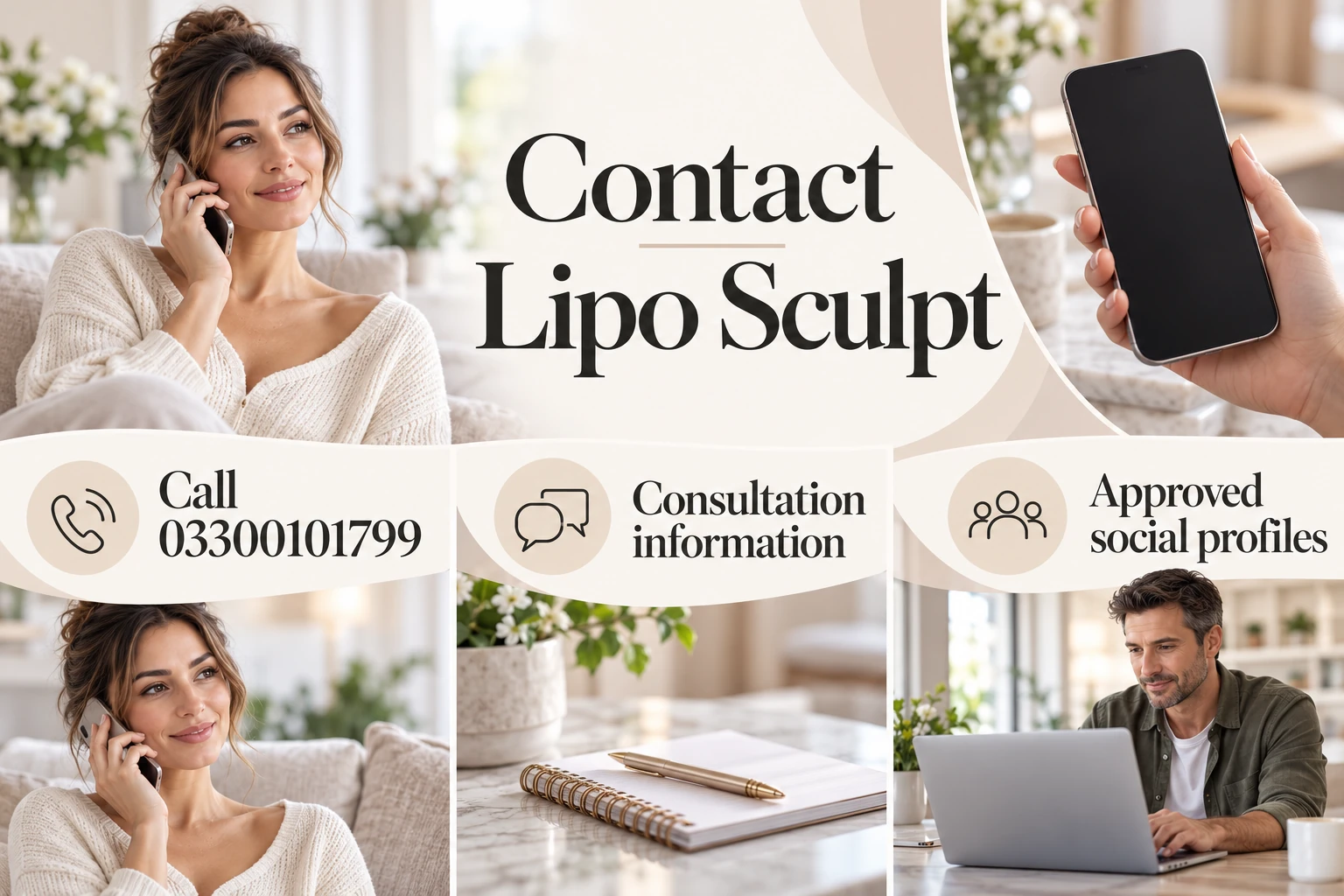 Contact Lipo Sculpt. Call 03300101799. Consultation information. Approved social profiles. Illustrative photographic infographic.